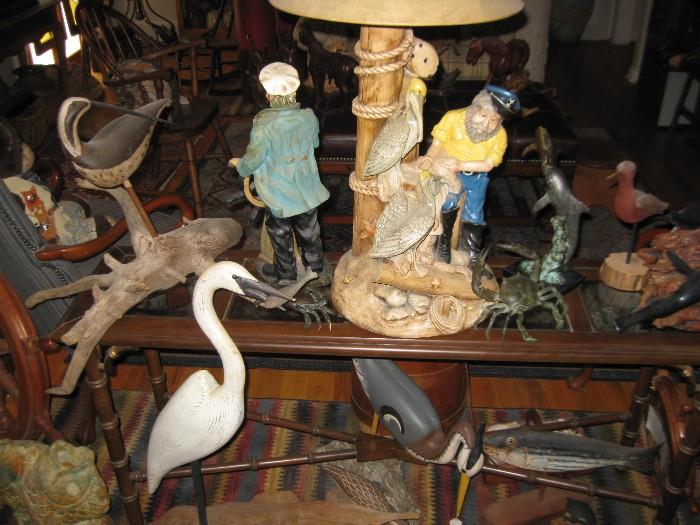 NAUTICAL CARVED WOOD BIRDS & FIGURES