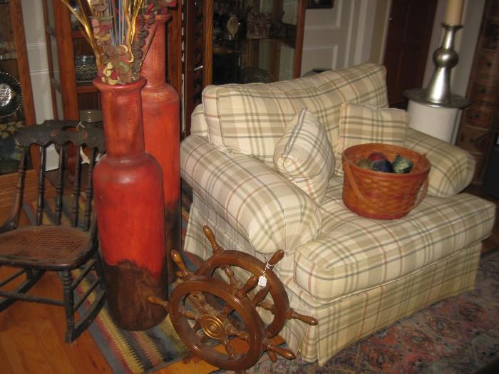 SHIP WHEEL WINE RACK, LARGE POTTERY URNS, OVERSIZED CHAIR