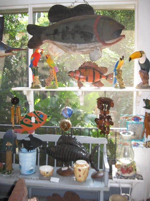 LARGE WOOD FISH AND OTHER WHIMSICAL WIND CHIMES