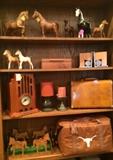 Longhorn collectibles, horses, radio, vintage Samsonite mini suitcase.