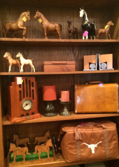 Longhorn collectibles, horses, radio, vintage Samsonite mini suitcase.