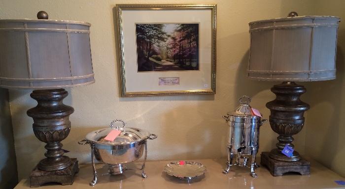 Stunning lamps, silver plate chafing dish and coffee server.