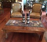 Pair of lovely leather and tapestry chairs and a great oak coffee table