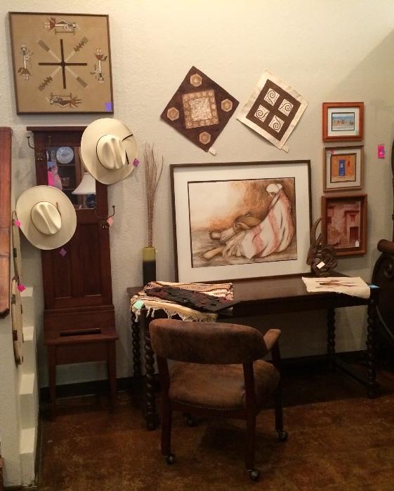 Halltree, cowboy hats, sand painting, Gorman lithograph (9 of 40), antique desk, faux leather chair.
