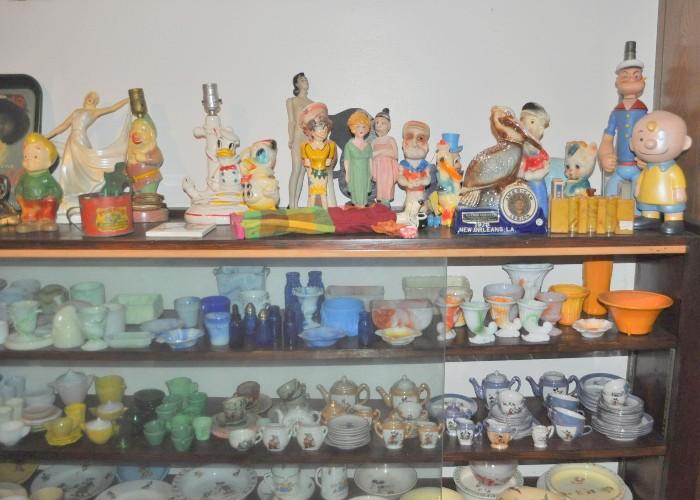 Squirt, Seven Dwarfs, Doc, chalk, Popeye, Peanuts, Charlie Brown, Wimpy, Akro Agate, porcelain doll dishes, Pickwick, Donald Duck, Jimmy Cricket, Maggie 