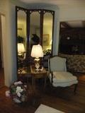 Decorative Tall Mirror Divider Screen, Stack Tables, Custom Arm Chair, Crystal Lamp