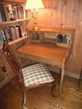 Petite Writing Desk, Brass Lamp, Chair