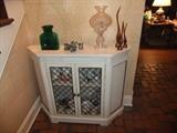 Nice Hall Table with Mesh Doors, Waterford Lamp, Glassware, etc