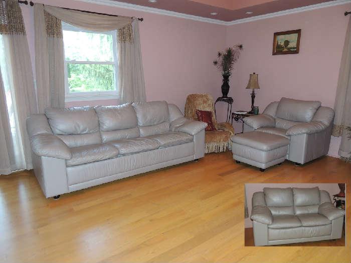 Four piece set,  Italian Leather  set,  Silver/Gray, including Sofa,  Chair,Ottoman, and (insert) loveseat 