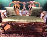 Maitland Smith Carved Bench with Green Quilted Velvet Seat with 2 Pillows