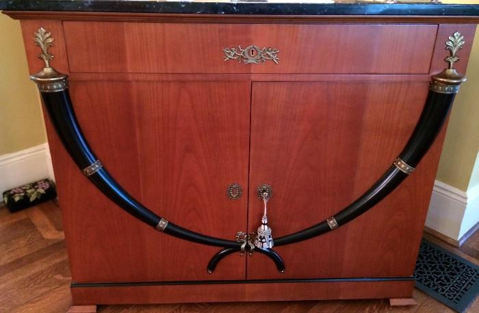 Cherry Marble Top with Black Horn and Brass Decorative, Empire-Style Credenza