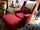 Swaim Wingback Chair with Ottoman, Red Geometric Lee Jofa Fabric

