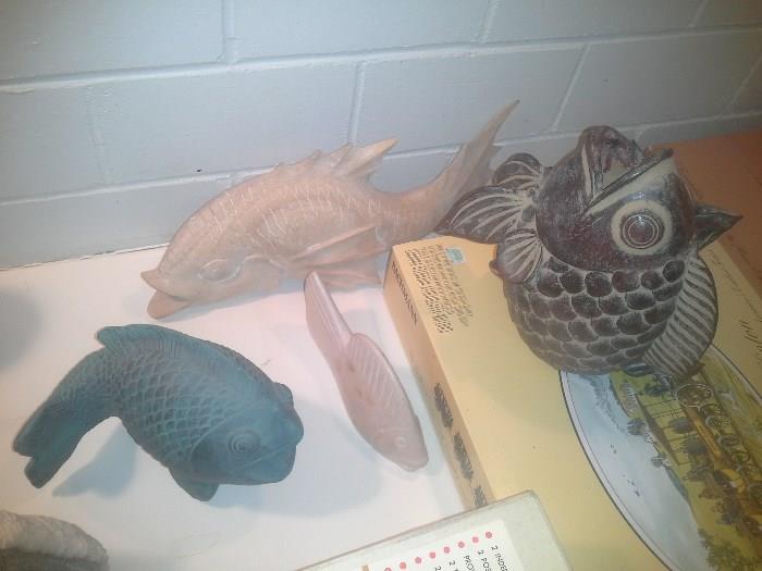 Several of the knick-knacks have a fishy theme. These are high-quality carvings and pottery.
