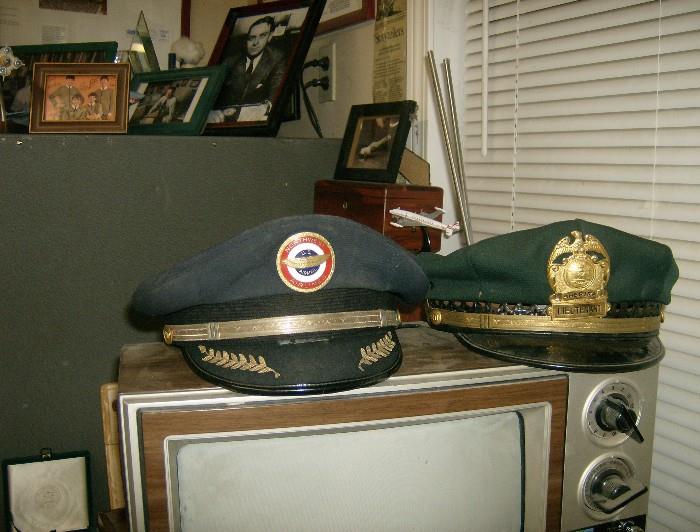 Northwest airlines classic air mail visor cap with enameled badge.....vintage Shelby County sheriff's department lieutenant visor cap and badge 
