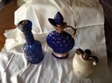 2 Vintage Porcelain & 1 Cobalt Glass Whiskey Decanters Jug