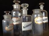 5 Rare Clear Apothecary Pharmacy Drug Store Bottles, 4 Stoppers