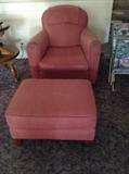Pair of Rose Colored Upholstered Armchairs & Matching Ottoman