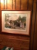 Wonderful framed antique print of Colonial families walking to church.