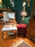 King Furniture ornate occasional chair and metal footstool. Elegant lamp with black shade.
