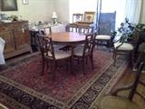 9 x 12 rug, mid century dinning room set with 3 leaves and pads, bar stools, huge healthy ZZ plant
