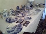 Blue and white plates, pitchers, lamp.  Some antique, some Flo Blue, some new.