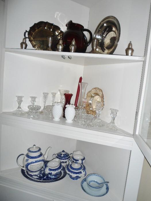 Set of "Blue Willow" Dishes, Silver-Plated serving pieces, pressed glass, Milk Glass, Fostoria, Germany and many other countries,  etc.