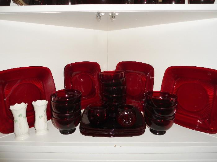 Ruby Red dishes, glassware, 2 small vases  