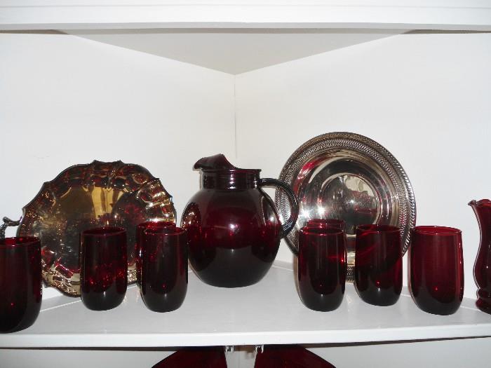 Matching pitcher/glasses - Ruby Red, vases, containers, Silver-plated items & some Sterling...