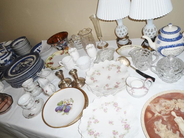 Tables FULL of china/dishes, lamps, serving plates, glassware, sterling, etc..."Austria" Plates, Hobnail Vases, Bavaira plates with gold rim, Pair of White Fenton Coin Opalescent Lamps -1950's..