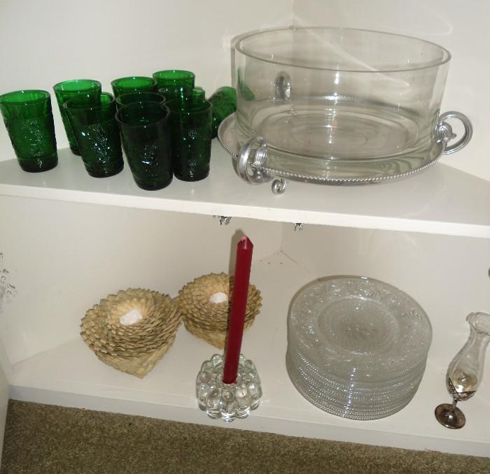 Remember the vintage "Oat Meal Green Glasses"  They are so in demand....Brings back wonderful childhood memories....Lots of glassware, silver, serving dishes/bowls, trays...Watch for more pictures....Have a Question...call  615-5645-9062..