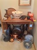 Singer treadle sewing machine cabinet (no sewing machine), copper items, enamel items, flemish