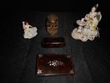 Living Room-SMALLS area:  Two DRESDEN figurines; small glass/gold metal ink pot; tortoise/mother-of-pearl case.