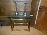 Library:  Glass top/brass base side table; pair of contemporary candlesticks.