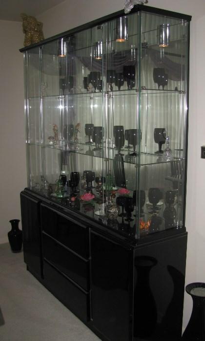 Lighted black lacquer china cabinet