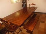 Nice solid Wood Farm Table with 2 Benches.2 Arm chairs.4 Leaves
