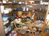 Room FILLED with Bowls,Platters, Corning Ware, Glass, Pottery, Ceramic Stainless, Tins, Muffin,Cake Pans.Baskets, Jello,Bundt..FILLED!!!