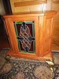 Custom Made Lighted Cabinet.It once held a vintage Slot machine.Stained Glass/Oak Door