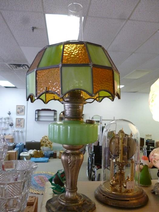 JADEITE KERO LAMP WITH STAINED GLASS SHADE