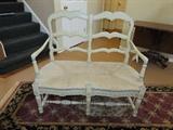 French Bench with Rush Seat, Milky finish with dusty blue accents.