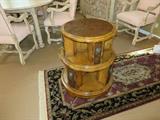 Two Tier Revolving Bookcase Side Table.  Burl Walnut inserts with an antique pecan finish.