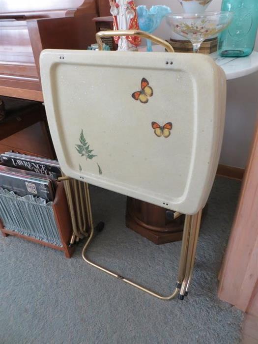 Mid century fiberglass tv trays with cart