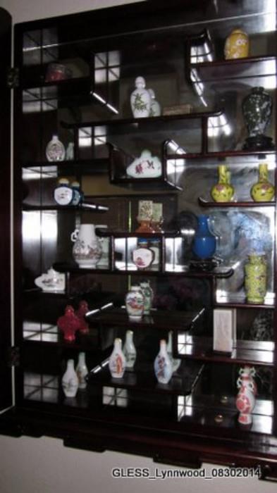 Chinese Wall Display Cabinet. Snuff bottles, mini vases and mini trinket boxes inside. (Sold separately)