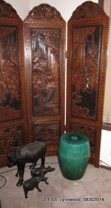 Chinese carved wood 4 panel room divider. Ox figures and Ceramic Garden stool.