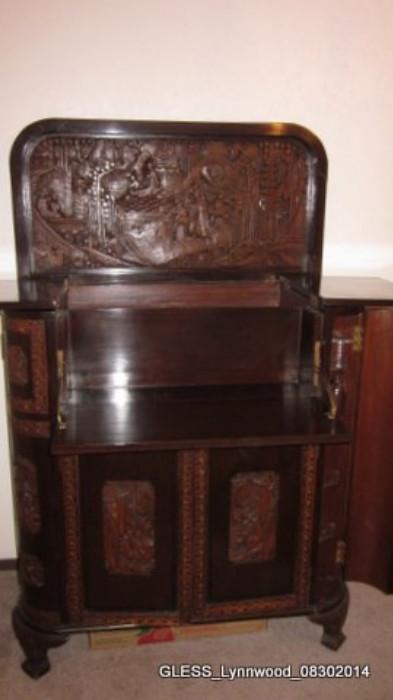 Chinese Antique  Carved Liquor Cabinet (partially opened)