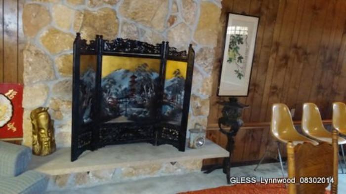 Chinese Fire Screen, Iron Lantern, Traditional Chinese Framed Art.