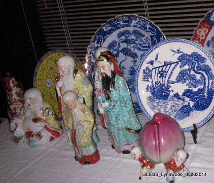 Chinese Platters and Figurines. Tao Lucky Gods, Smiling Buddha, Three Tongzi Boys holding big Shou Peach