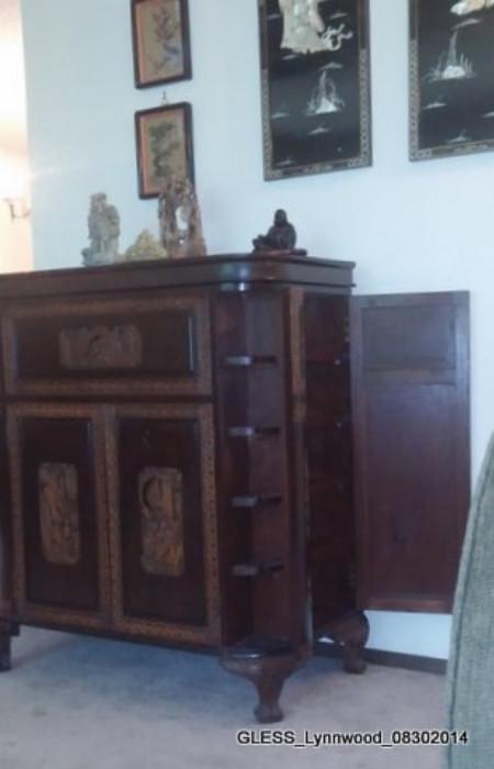 Chinese Antique Liquor Cabinet has side compartments for glasses.