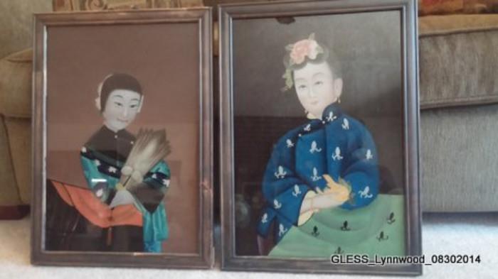 2 Chinese Antique Reverse Painting on Glass in moulded hardwood frame. 