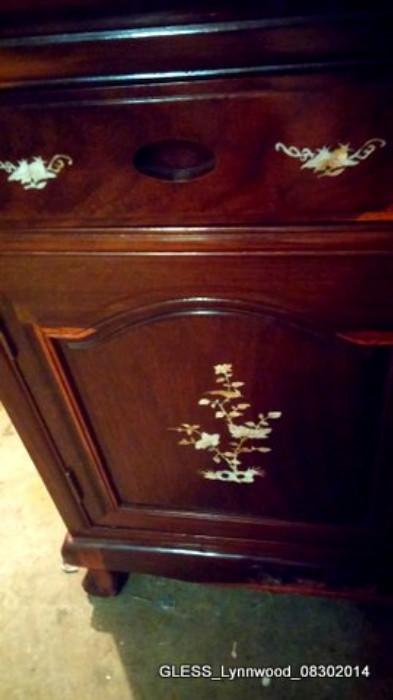 Rosewood China Cabinet (view of inlaid Mother of Pearl (MOP) design on door)