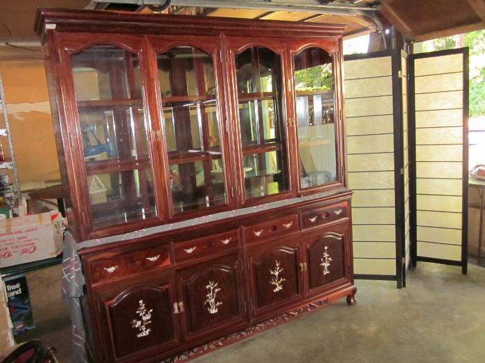 Rosewood China Cabinet with inlaid MOP. (Bottom and Top are separate pieces).